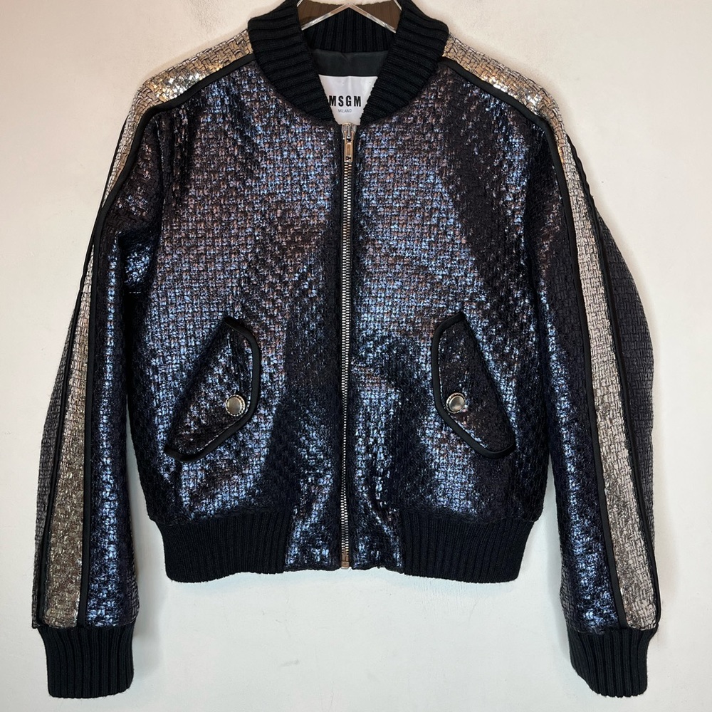 MSGM MILANO- Blue Metallic Bomber Jacket. Size XXL